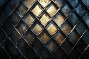 Abstract industrial backdrop features a metal grid with geometric designs against a dark setting. Soft reflections enhance the modern aesthetic, providing ample clean space for text photo