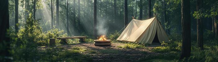 Discover a tranquil camping experience featuring a light canvas tent, a firepit, and a wooden log bench in a lush Nordic forest, illuminated by soft, natural light photo