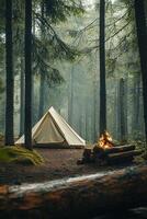 Minimalist camping setup features a light canvas tent, firepit, and wooden log bench nestled in a dense Nordic forest. Soft light filters through the trees, creating a natural and inviting atmosphere photo