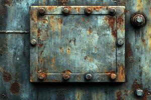 A rugged industrial setting showcases a rusted metal plate marked by visible scratches, bolts, and weathered textures, providing ample space for text overlay or graphic design photo