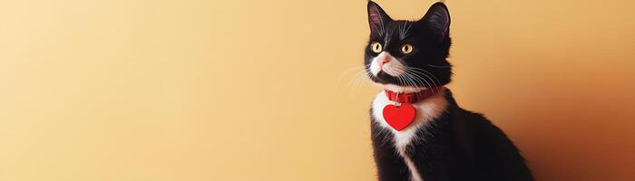 A sleek black-and-white cat with a red heart-shaped collar tag sits against a neutral background, embodying a modern and minimalist Valentine's Day card aesthetic photo