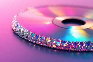 High-resolution close-up showcases a metallic CD adorned with jewel-encrusted edges. It radiates rainbow hues against a clean gradient backdrop, evoking nostalgia and luxury photo