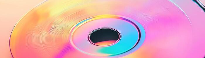 Featuring a close-up of a retro CD, vibrant rainbow reflections dance on its surface against a gentle pastel gradient, offering a nostalgic yet contemporary vibe perfect for text overlay photo
