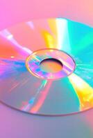 A retro CD prominently displays vibrant rainbow light reflections, set against a soft pastel gradient. The minimalist design allows ample space for text, evoking nostalgia in a modern style photo