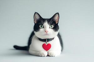 A sleek black-and-white cat sits elegantly against a neutral backdrop, wearing a collar adorned with a red heart-shaped tag, perfect for Valentine's Day greetings photo