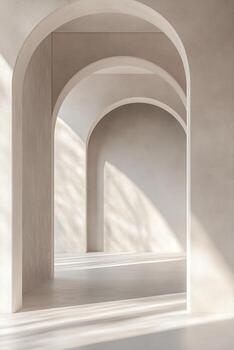 Minimalist design features smooth white walls and arched openings allowing gentle natural light to illuminate the interior, creating a calming and sophisticated atmosphere photo