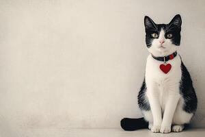 A sleek black-and-white cat sits elegantly against a neutral backdrop. It wears a red heart-shaped tag on its collar, embodying modern charm and simplicity, perfect for Valentine's Day photo