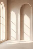 Tall arched windows allow soft light to flood the minimalist space, highlighting the smooth beige walls and creating a calming, elegant atmosphere ideal for text overlay photo