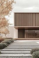 A striking Nordic-inspired building showcases a natural wood facade with vertical slats, surrounded by minimalist landscaping, set against a muted sky, evoking warmth and modern design photo