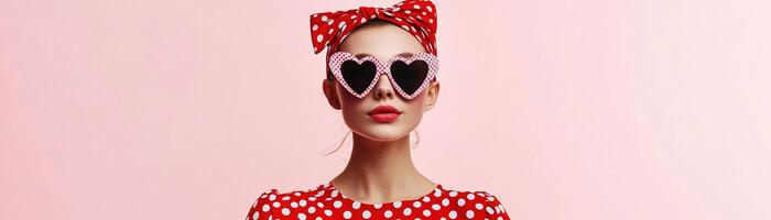 A cheerful individual showcases a vibrant red-and-white polka dot dress and matching headband. The playful heart-shaped sunglasses add a whimsical touch to her style against a soft pink background photo