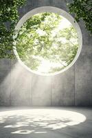 Soft natural light pours through a circular skylight, showcasing smooth concrete textures and creating a peaceful atmosphere. Ample negative space invites text overlay for creative use photo