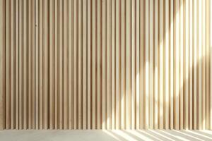 Vertical wooden slats create an abstract Nordic background filled with light patterns forming geometric shapes, complemented by a neutral base for text overlay photo