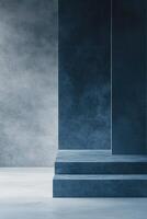 This backdrop features a soft, textured wall in muted blue tones with elegant linear patterns. It creates a serene atmosphere with ample negative space for text overlay and modern aesthetics photo
