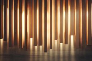 This Nordic-inspired abstract design features vertical wooden slats illuminated to create geometric patterns photo