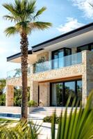A stunning villa showcases natural stone architecture with expansive glass windows. Palm trees and manicured landscaping enhance the warm atmosphere, creating an inviting outdoor space photo
