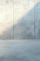A serene architectural setting showcases a smooth concrete wall, softly lit by linear shadows. The neutral sky adds to the minimalist ambiance, perfect for design projects or text overlay photo
