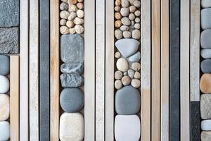 This calming Nordic background showcases natural stone and wooden panels arranged in linear patterns, creating an organic feel with ample clean space for design elements in muted tones photo