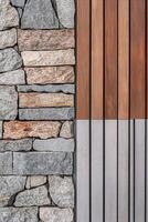A harmonious blend of natural stone and wooden panels creates a tranquil Nordic backdrop. Soft hues and linear patterns provide ample space for text, enhancing elegance and simplicity photo