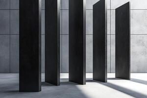 Bold architectural elements showcase overlapping black steel beams casting linear shadows on a smooth concrete floor. The space is minimalistic, offering room for graphic overlays photo