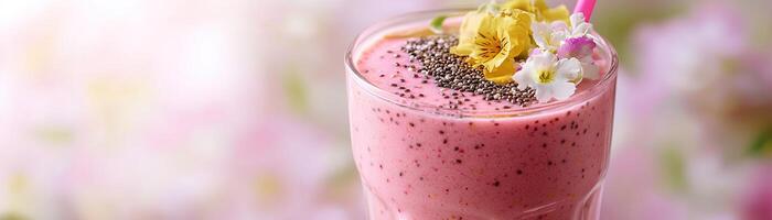 This delightful layered smoothie features beautiful pastel pink and yellow tones, topped with chia seeds and flowers, creating an elegant and fresh presentation against a soft light background photo