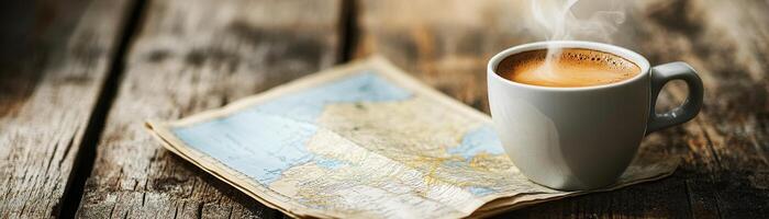 A steaming cup of coffee rests beside a folded map on a rustic wooden table, creating a warm travel-inspired atmosphere perfect for planning adventures or enjoying quiet moments photo
