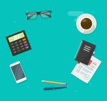 Workplace desk table top view for copy space with coffee cup, mobile phone and calculator, notepad and pens flat lay cartoon, idea of education or learning working place, audit accounting vector