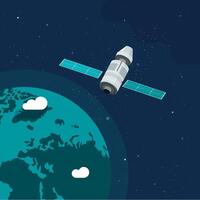 Satellite ship in orbit of outer space earth planet illustration flat cartoon, station flying around world in cosmos or universe closeup vector
