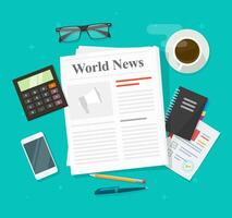 Newspaper or daily press news paper folded magazine on working business office table desk and analysis stuff flat illustration isolated on color background, journal page idea vector