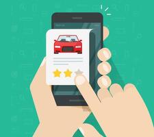 Car vehicle review rating online on mobile phone or automobile testimonial feedback, website shop on smartphone with customer reputation internet , cellphone auto rental shop rank access modern vector