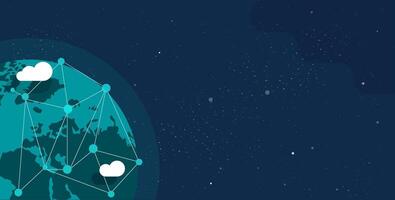 Global communication future technology business around the planet world from space web banner concept or earth internet social worldwide network flat cartoon illustration design copy space text vector