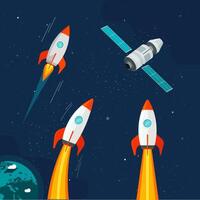 Spaceship rocket and cosmic satellite vehicle set in outer space cartoon comic flat illustration, galaxy ships flying in universe near earth planet vector