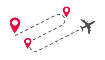 Plane flight way path trace with arrival pin pointer markers or track airplane route destination flat cartoon illustration, dashed line of fly trip vector