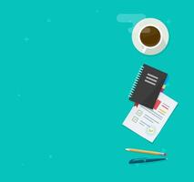 Workplace desk table top view for copy space with coffee cup, notepad and pens flat lay cartoon, idea of education or learning working place illustration vector