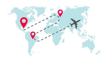 Plane global world map flight way path trace with arrival pin pointer markers or track airplane worldwide route destination flat cartoon illustration, dashed line of fly trip vector