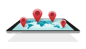Global world map digital technology with pin pointer markers for travel or worldwide mobile logistics design 3d illustration, concept or earth network communication of electronic connection vector