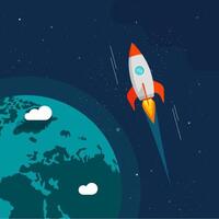 Rocket flight in space near earth orbit illustration, rocketship spaceship flying around planet in universe, starts flat cartoon design vector