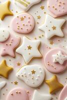 Featuring round abstract shapes in soft pinks and whites, this background is accented with gold stars, creating a playful and stylish atmosphere perfect for welcoming a baby girl photo