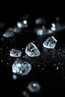 Sparkling sugar crystals are scattered across a smooth black surface, illuminated softly to reveal their intricate textures. The elegant arrangement enhances the luxurious feel photo
