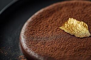Indulge in a close-up view of rich dark chocolate mousse, elegantly dusted with cocoa powder and adorned with a single gold leaf, enhancing its luxurious appeal on a sleek black plate photo