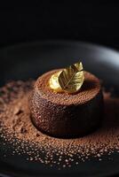 This dessert features a rich dark chocolate mousse elegantly garnished with cocoa powder and a touch of gold leaf, showcasing a luxurious culinary creation on a sleek black plate photo