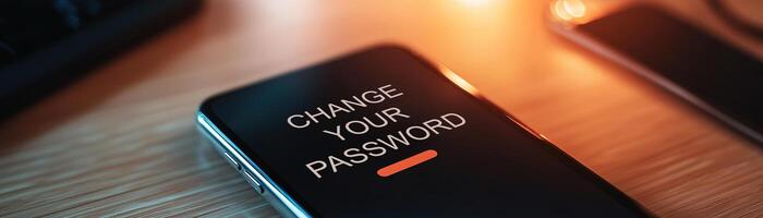 Smartphone screen displays a change your password notification against a blurred desk in the background. Light reflections enhance the sleek appearance, creating an engaging view photo
