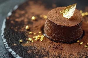Rich dark chocolate mousse is elegantly presented, garnished with cocoa powder and a luxurious gold leaf. This artistic dessert is perfect for an upscale dining experience photo