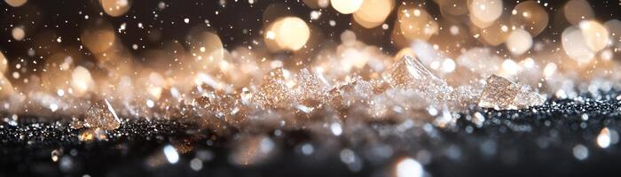 Sparkling sugar crystals are scattered across a sleek black surface, illuminated by soft light that enhances their texture photo