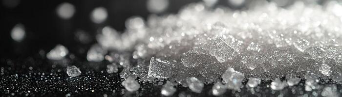 Close-up of sparkling sugar crystals glistening on a smooth black surface, with vibrant texture visible under soft lighting, providing an elegant background for text photo