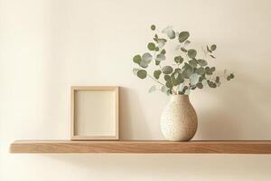 A natural wood frame leans against a light wall, positioned beside a speckled vase filled with eucalyptus leaves. This composition enhances a minimalist and organic aesthetic photo