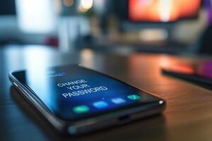 A smartphone displays a notification to change your password, set against a blurred background of a modern desk. The sleek design and light reflections enhance its visual appeal photo