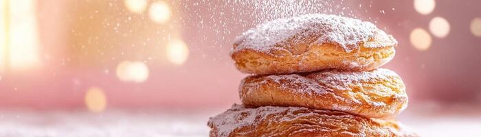 Freshly baked pastries stacked high are being adorned with a light dusting of powdered sugar, creating an inviting treat in a cozy kitchen atmosphere with a soft background photo