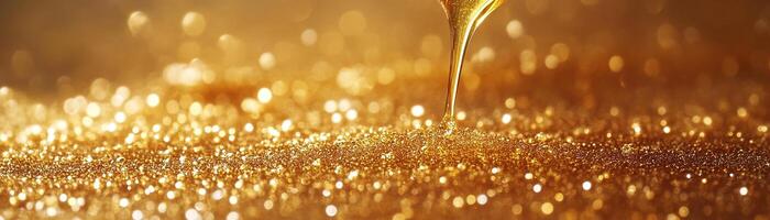 Luxurious golden caramelized sugar is elegantly drizzled in delicate strands over a glossy surface, illuminated by soft lighting that enhances its enticing appearance photo