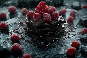 Indulgent dark chocolate pieces are artfully stacked, adorned with ripe strawberries and raspberries. This elegant display captures rich colors against the textured slate, inviting tasty enjoyment photo