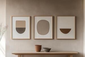 Three frames of abstract art in natural wood and white finishes hang symmetrically on a light gray wall. The sleek design offers ample space for text overlay, enhancing modern aesthetics photo